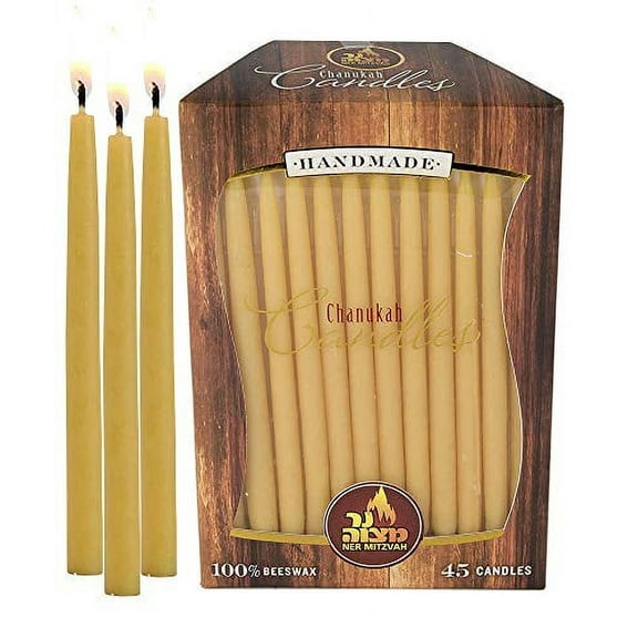 Ner Mitzvah, Yellow Handmade Natural Beeswax Hanukkah Menorah Candles - Standard Size (45 Pack)