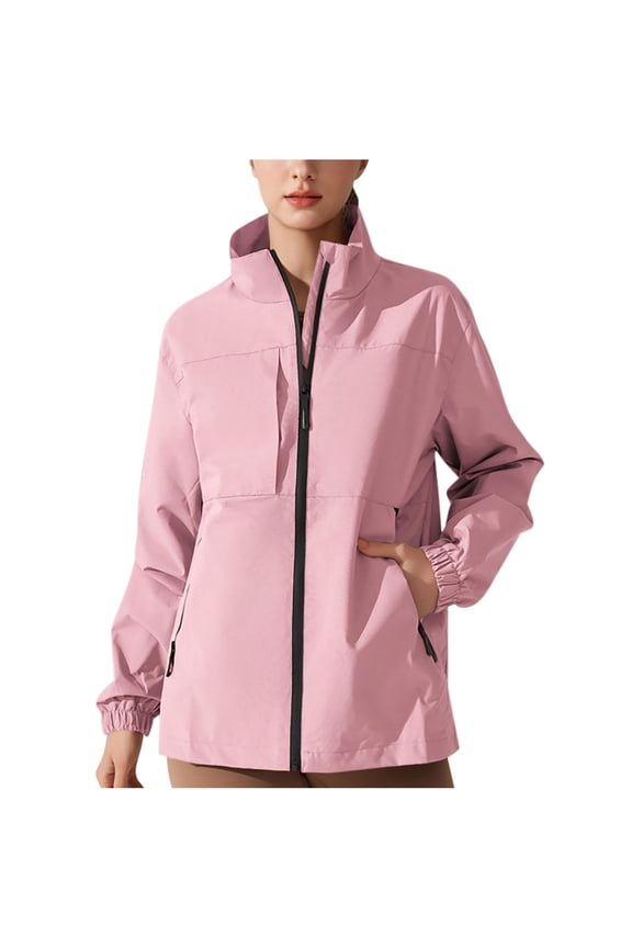 Women's Rain Jacket Long Sleeve with Ribbed Cuffs Stand-Collar Stylish Hoodless Jack Pink M-4XL