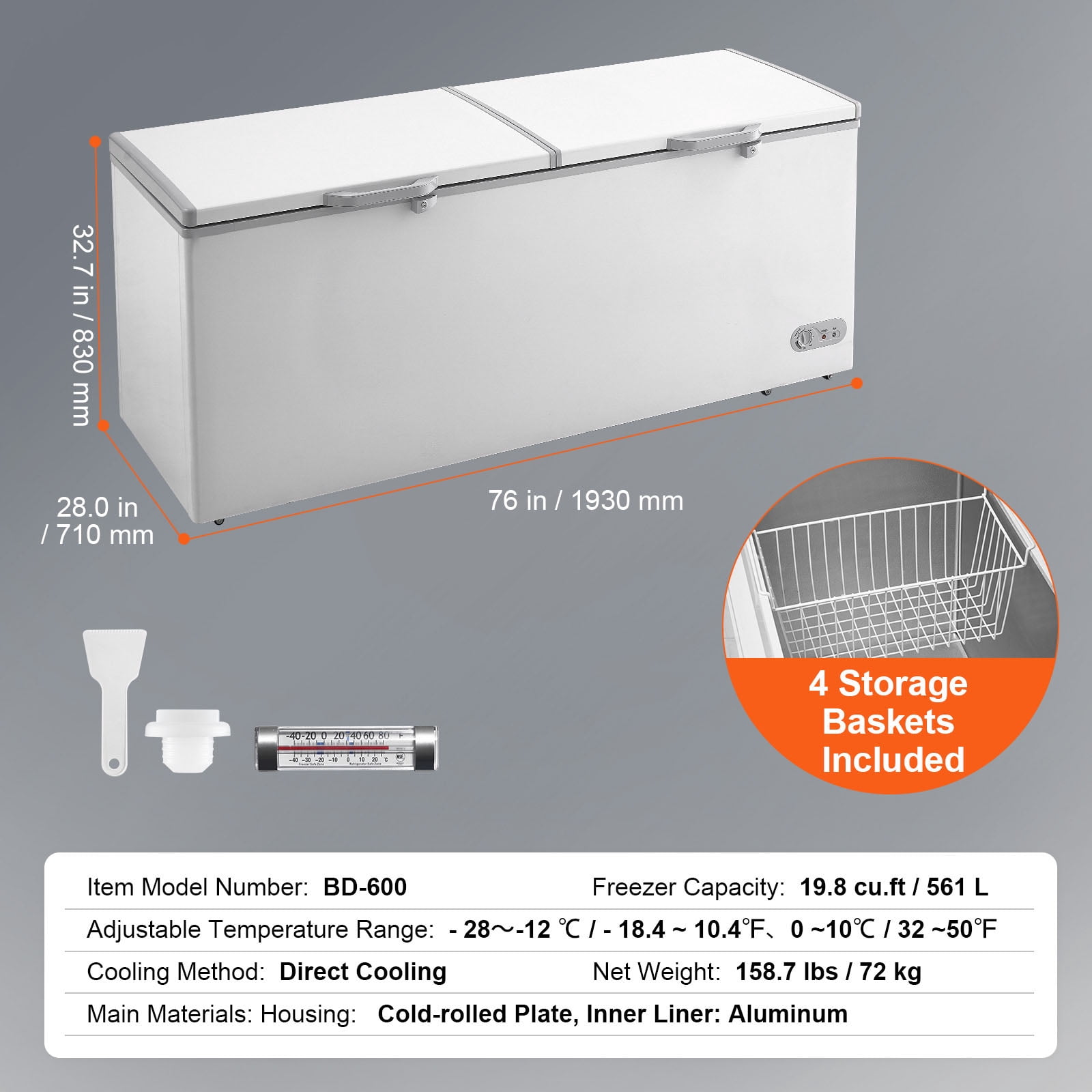 KFFKFF 19.8 Cu.Ft Commercial Chest Freezer, 561L Deep Freezer with Dual Lock Lids, 7-Level Temp Control, LED Light, 4 Removable Baskets & 6 Rolling Wheels for Home Garage