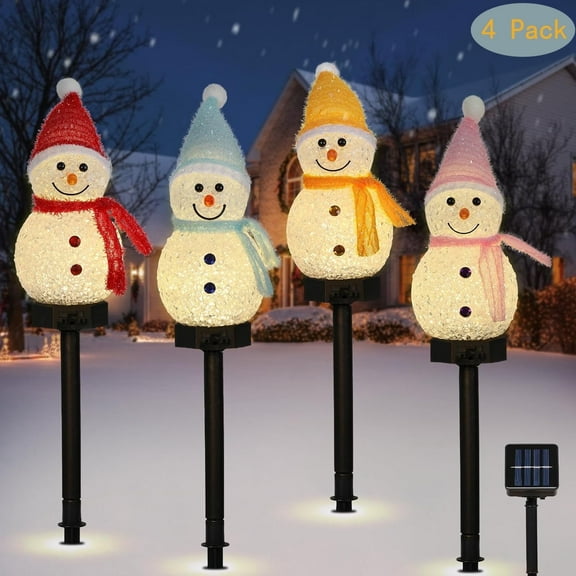 4 Pack Snowman Christmas Decorations Outdoor, Solar Lighted Snowman with Garden Stakes, Waterproof Garden Lawn Pathway, Solar Christmas Lights Decor for Yard, Xmas Party