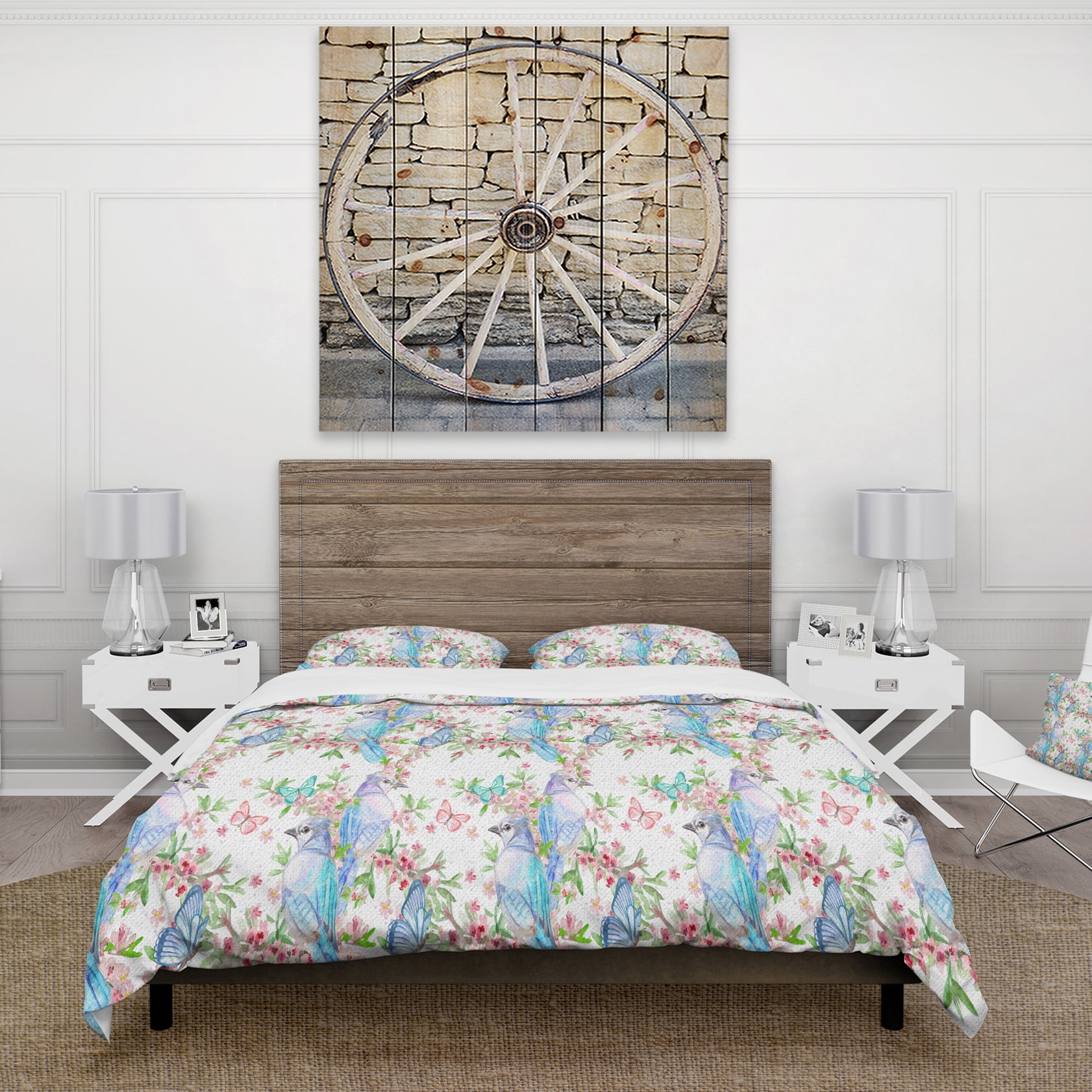 Designart 'Texture with Couples of Birds & Butterflies' Country Duvet Cover Set