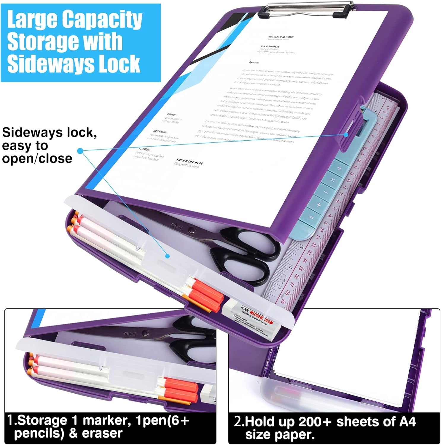 NOGIS Plastic Clipboard with Storage, 8.5 x 11 Large Capacity Nursing Clipboards with Pen Holder, Folio & Side-Opening for Classroom, Teacher, Student, Nurses, Smooth Writing, Purple