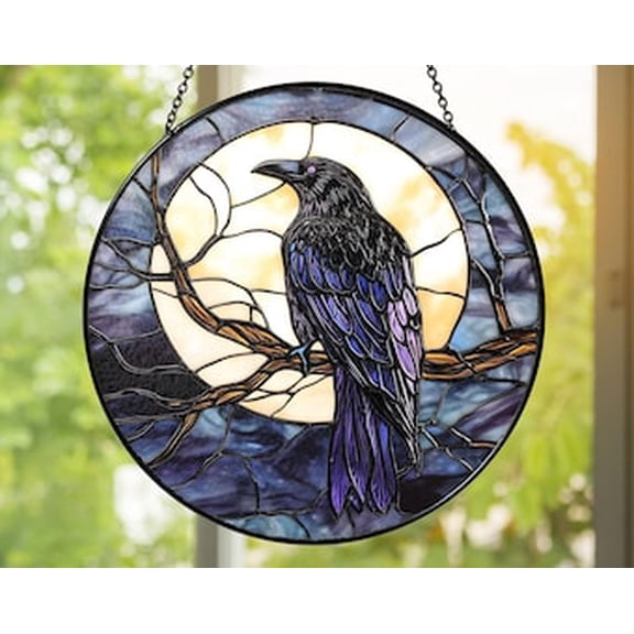 Raven Glass Suncatcher: Gothic Moon Window Hanging, Halloween Crow Ornament, 3.5 in