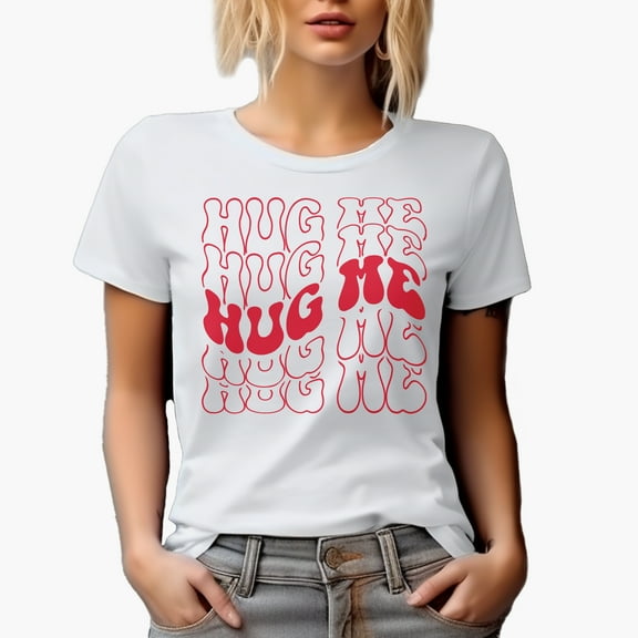 Hug Me, Groovy Retro Wavy Text Merch Gift, White T-Shirt, Small