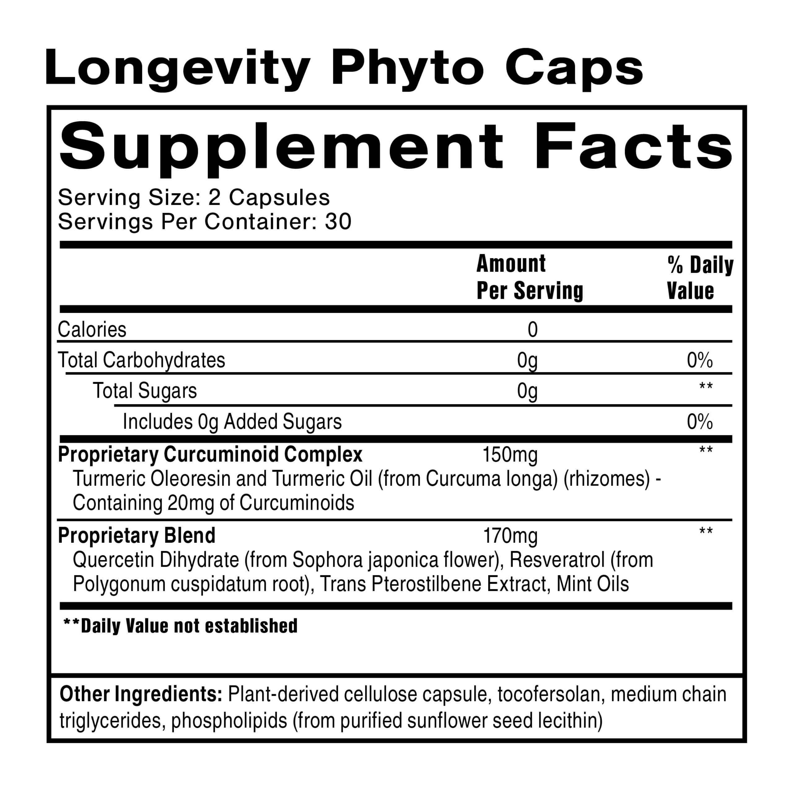 Quicksilver Scientific Longevity Phyto Caps - Resveratrol + Quercetin Anti Aging Supplement - Immune Support Supplement with Turmeric Curcumin Complex - Support for NAD+ Actions (60 Capsules)