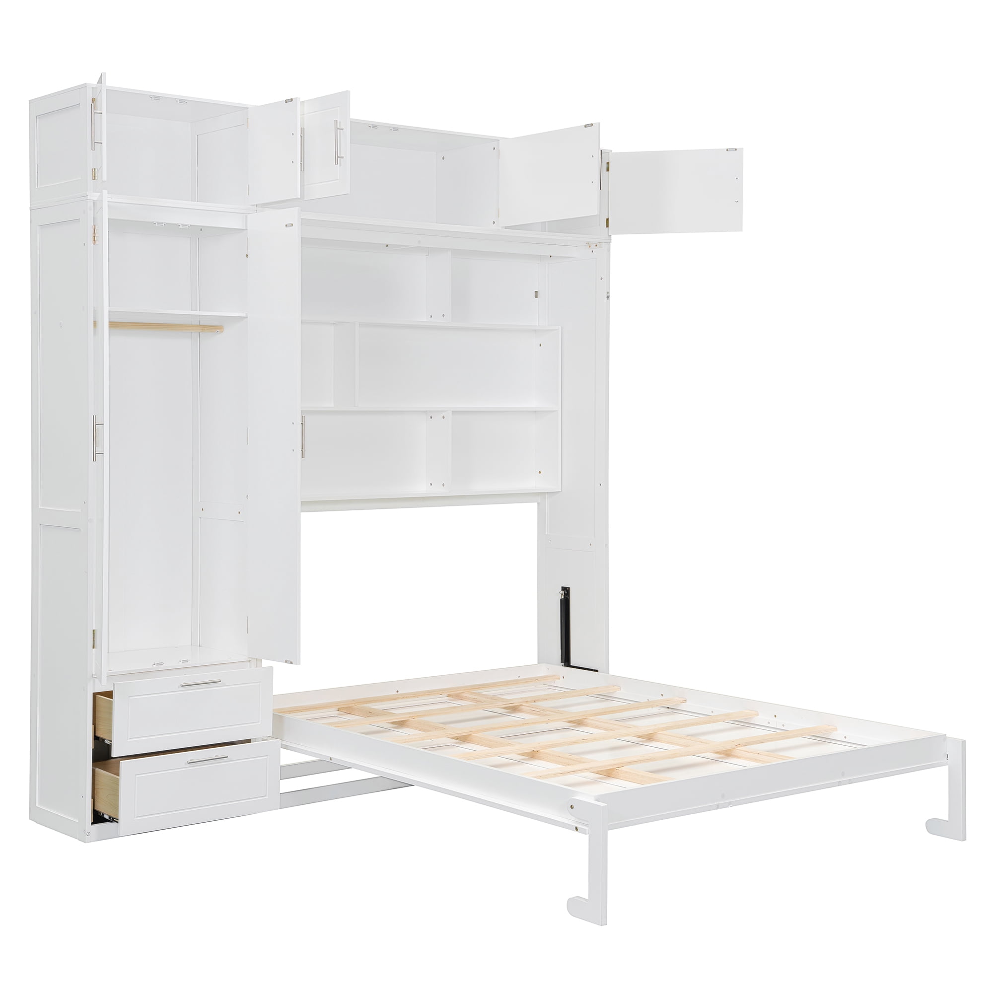 Mintazer Queen Size Murphy Wall Bed with Cabinets & Open Bookshelf, All-in-One Foldable Cabinet Bed with Side Wardrobe & 2 Storage Drawers for Small Apartment Guest Room Home Office, White
