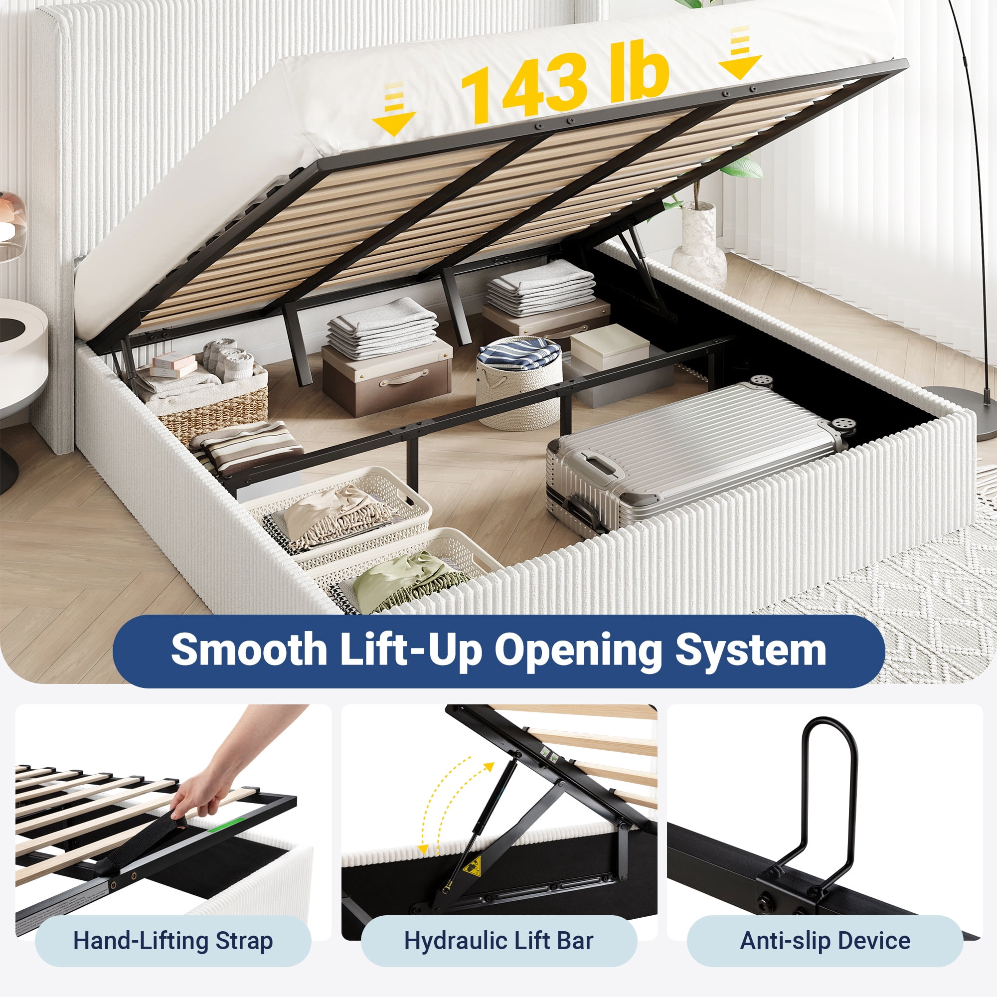 Allewie King Lift-Up Storage Bed Frame with Modern Wingback Headboard, Corduroy Upholstered Platform Bed, Hydraulic Gas Lift Support, Underbed Storage, Wooden Slats, No Box Spring Needed, White
