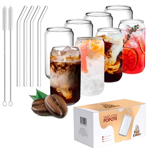 Juego de 8 Vasos de Vidrio Baricoffee con 8 Popotes y 4 Cepillos de Limpieza