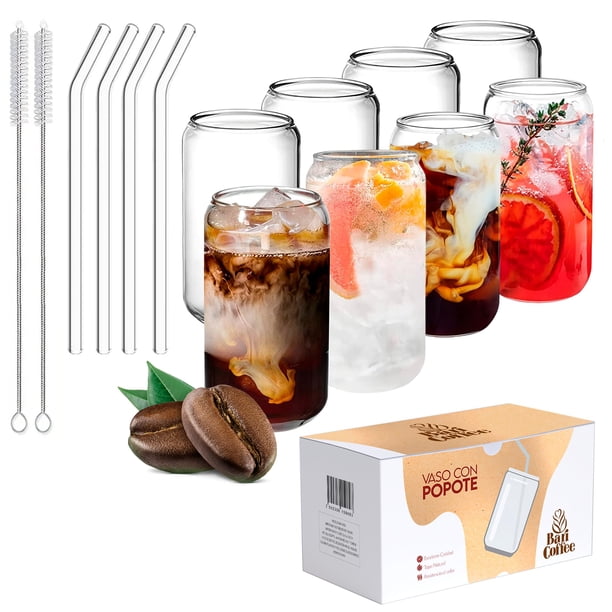 Juego de 8 Vasos de Vidrio Baricoffee con 8 Popotes y 4 Cepillos de Limpieza