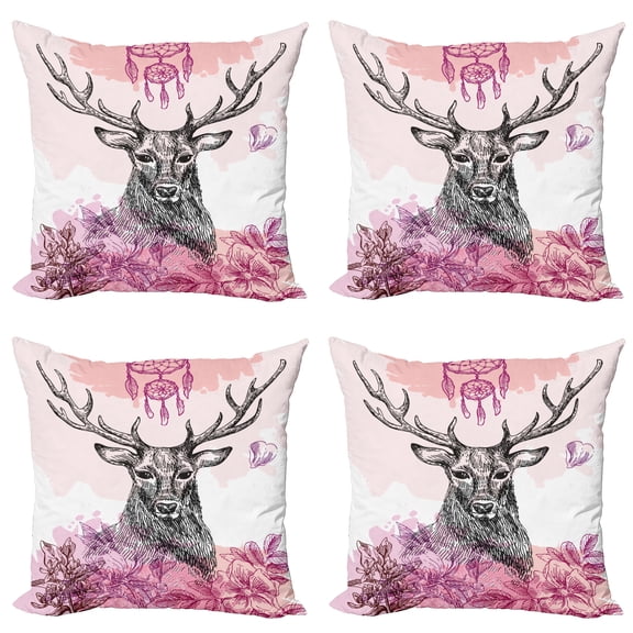 Ambesonne Tribal Throw Pillow Cover 4 Pack, Flower Leaves Hand Drawn, 18", Black Fuchsia