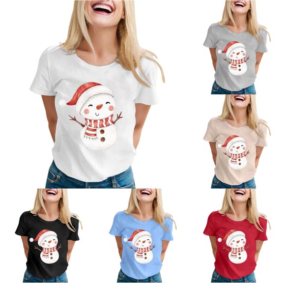 HCYSFG Womens Christmas T Shirts Crewneck Short Sleeve Santa Snowman Graphic Relaxed Fit Casual Holiday Tees Winter Tops