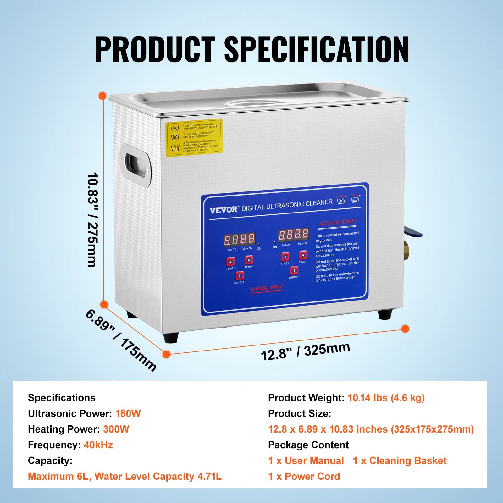 6L Digital Ultrasonic Cleaner, 40kHz, with Heater & Timer, for Jewelry, Glasses & Parts