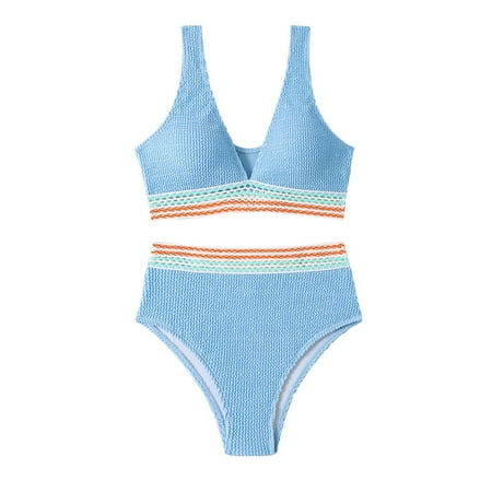 ZQGJB Women s High Waisted Bikini Sets Sporty Two Piece Swimsuits Boho Striped Color Block V Neck Cheeky High Cut Bathing Suits(Sky Blue M)