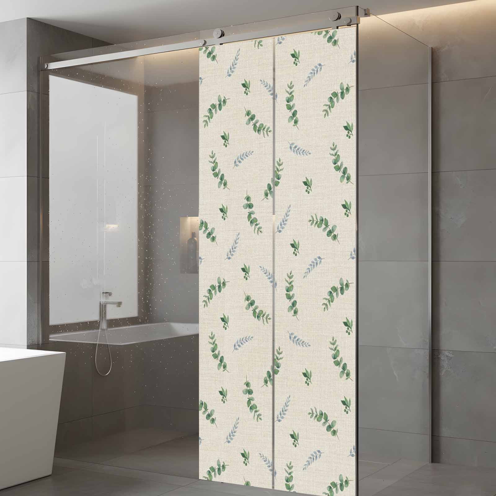 Summer Botanical Window Privacy Film, Watercolor Eucalyptus Leaves Rustic Linen Texture Frosted Glass Window Clings Static Cling UV Heat Blocking Reusable Door Sticker for Bathroom 23.6 x 59 Inch