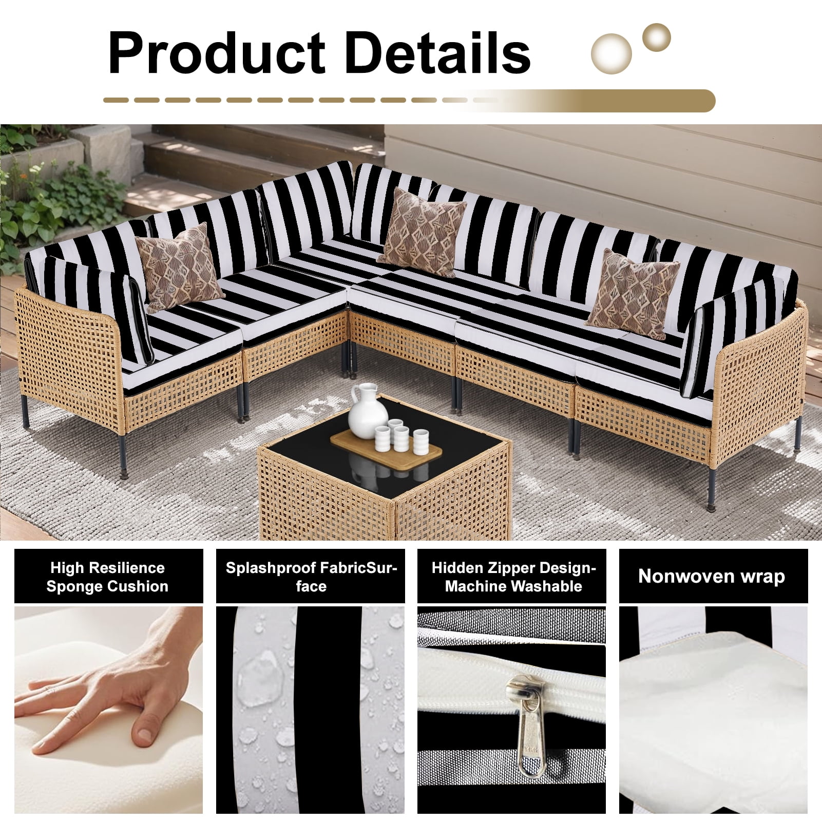 XXLYY Outdoor Replacement Cushions for Patio Furniture, 14 Piece Patio Sectional Cushions, 4" Water-Resistant Replacement Sofa Cushions Fits 6-seat Rattan Conversation Set