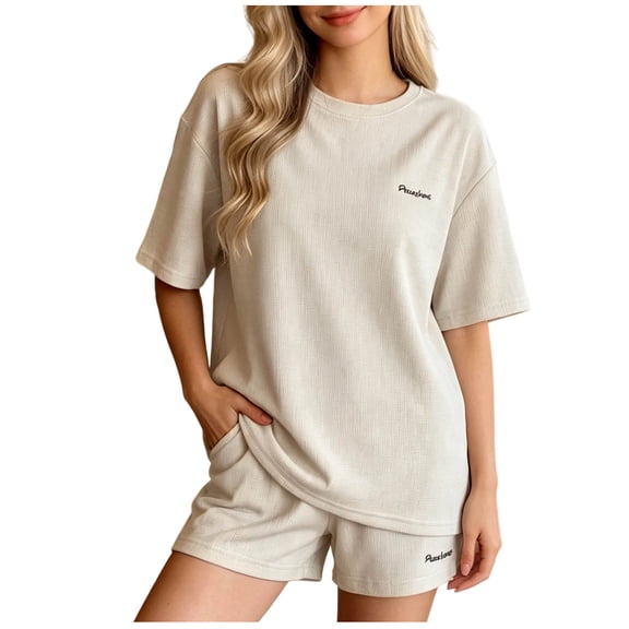Wenini Women's Short Sleeve Pajama Set Crew Neck Tee Elastic Waist Shorts Loungewear 2 Piece Outfit Tracksuit Set