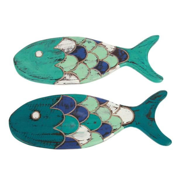 Blue and Teal Wood Fish Wall Decor 14.5 Inches Set of 2 Hand Carved