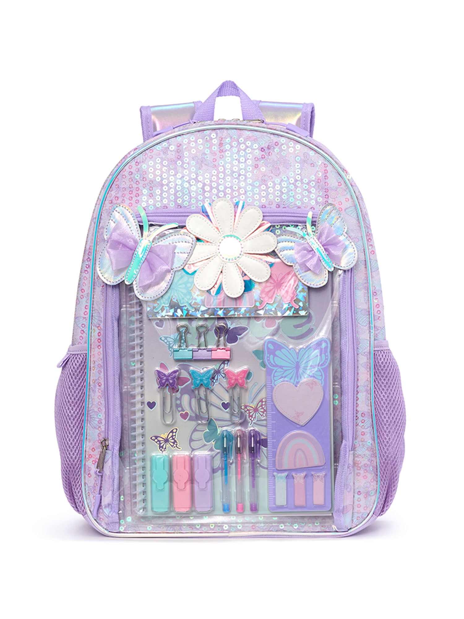 Schoolyard Vibes Girls' 17" Butterfly & Daisies Backpack & Stationary Set, Lavender