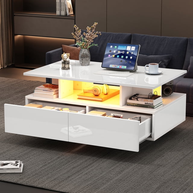 High-Gloss White Coffee Table with LED Lights & Drawers - Modern Center Table