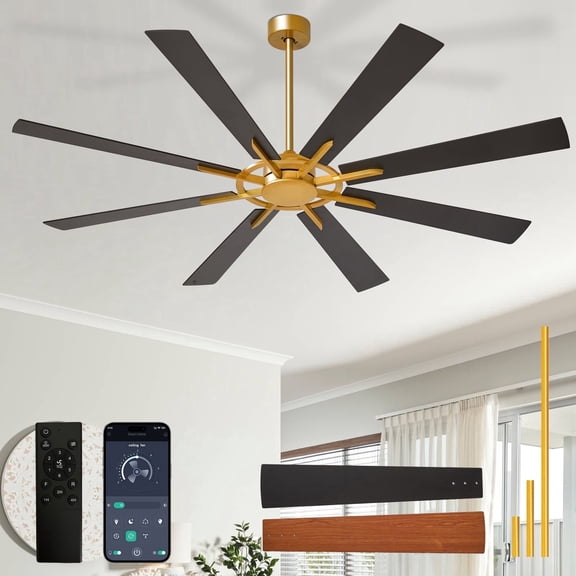 Depuley 72-Inch Black & Walnut Ceiling Fan with no Light,8 Blades Hanging Fan with Remote & APP Control Dimmable LED Light & Memory Function for Outdoor/Indoor Use