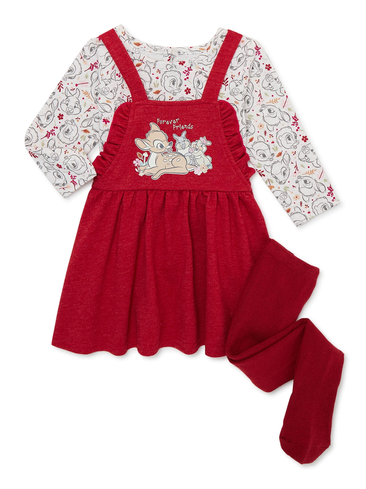 Disney Bambi Baby Girls Pinafore Dress, Top with Long Sleeves and Tights Set, 3-Piece, Sizes 0/3-24 Months
