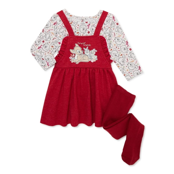 Disney Bambi Baby Girls Pinafore Dress, Top with Long Sleeves and Tights Set, 3-Piece, Sizes 0/3-24 Months