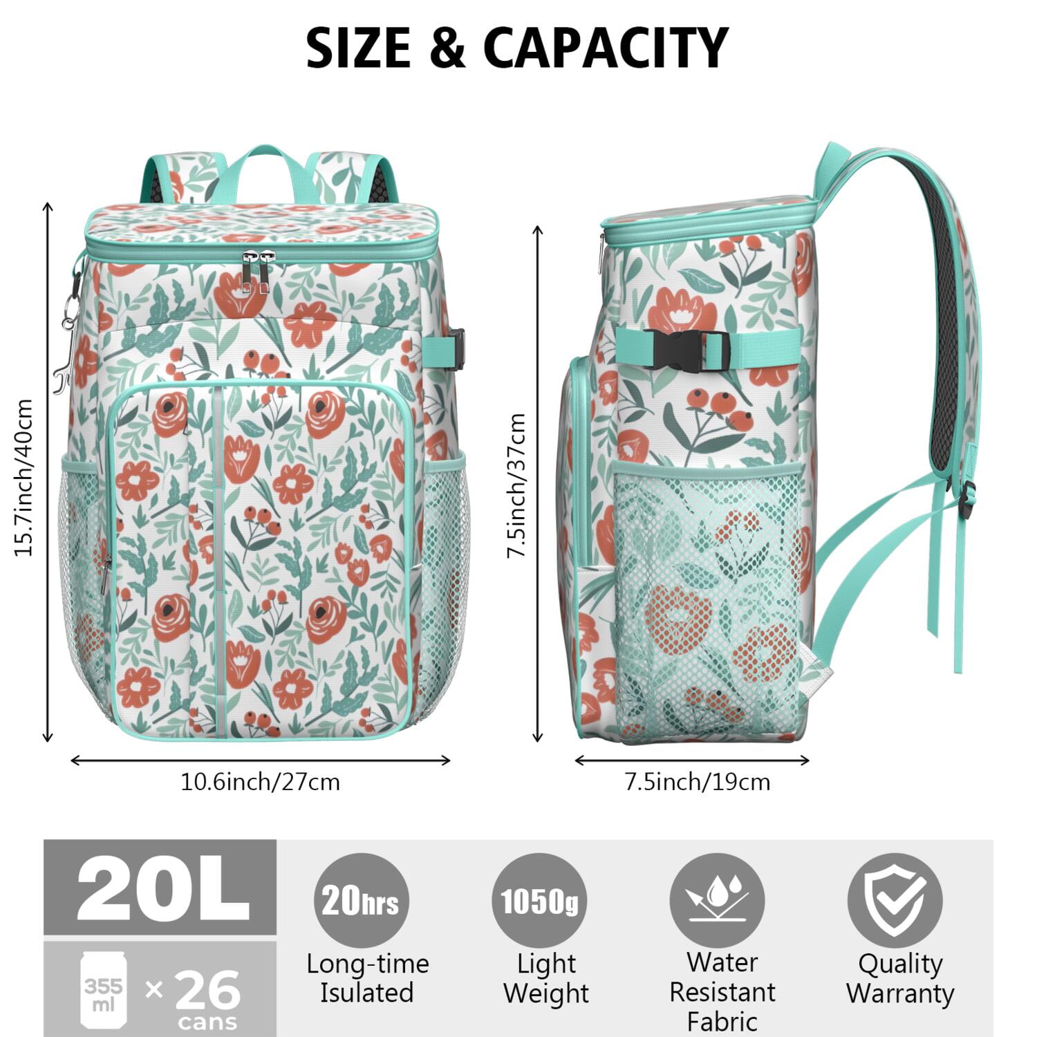 Travel Cooler Bag - Pioneer Flower Floral Print Pattern Camping Beer Cooler Backpack with Bottle Opener- Waterproof Insulated Picnic Backpacks - Cooler Bag for Beach