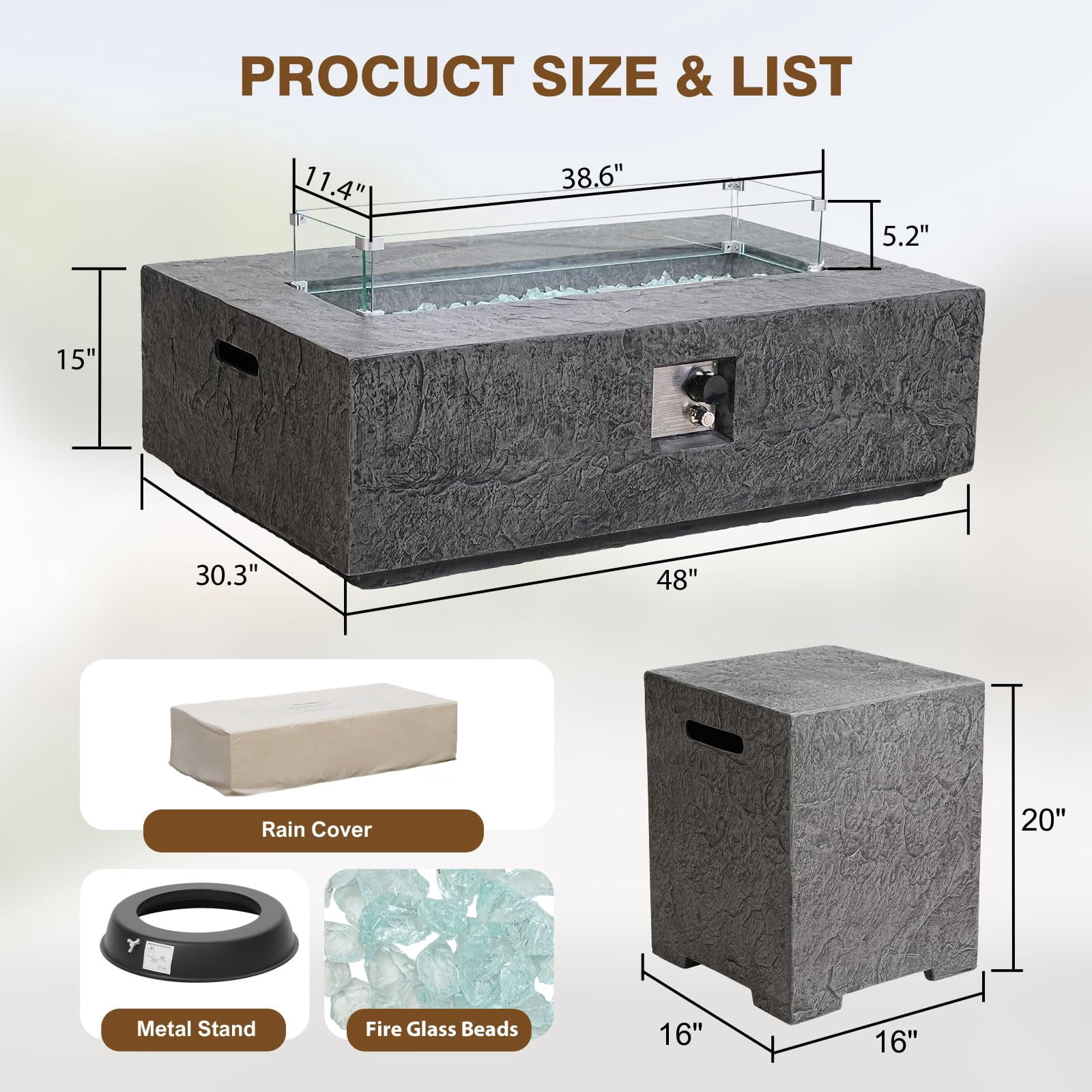 48" 3 Piece Fire Pit Set Rectangle Propane Fire Pit Table with Tank Table and Glass Wind Guard