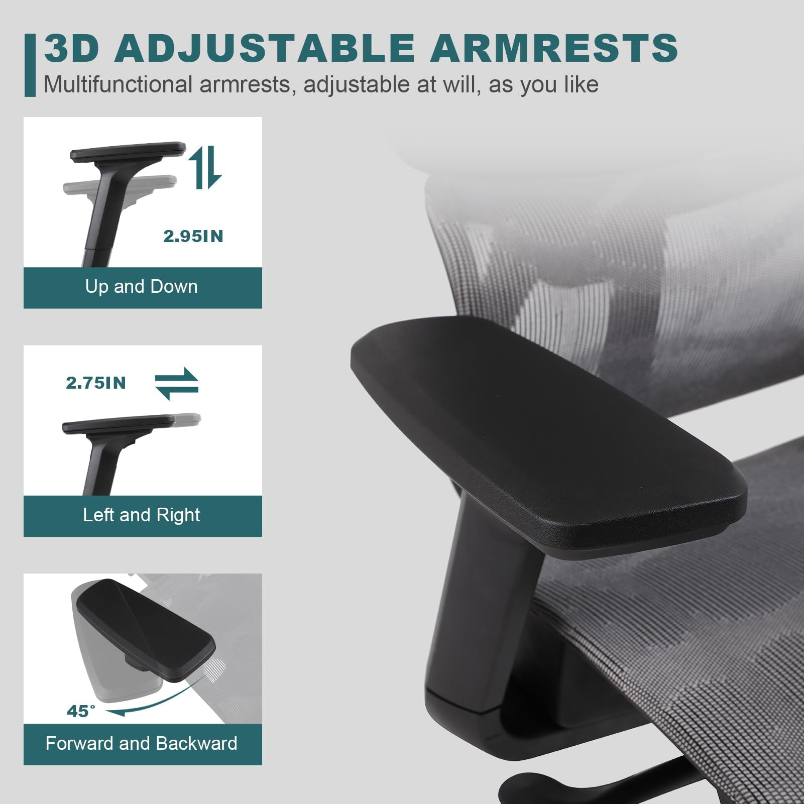 Flysky Ergonomic Office Desk Chair Mesh Office Chair 3D Adjustable Armrest 1PC Grey