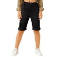 thumbnail image 2 of Kids Casual Solid Color Knee-Length Shorts, Elastic Waist Rolled Hem Bermuda Pants for Everyday Wear and Holiday Trips Black 130, 2 of 5