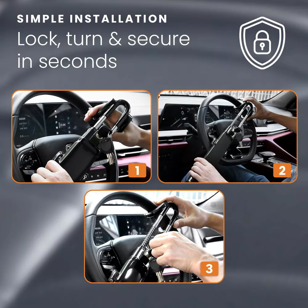 HOM Steering Wheel Lock - Anti-Theft Device for Car Steering Wheel - Retractable Steering Wheel Lock for Cars - Fits Most Vehicles