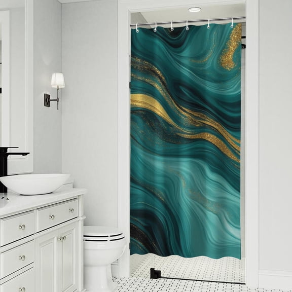 Teal and Gold Marble Glitter Waves Pattern Shower Curtain 36"x72" ,Bathroom Decorative Shower Curtains Set with 12 Hooks,Modern Waterproof Washable Shower Curtain