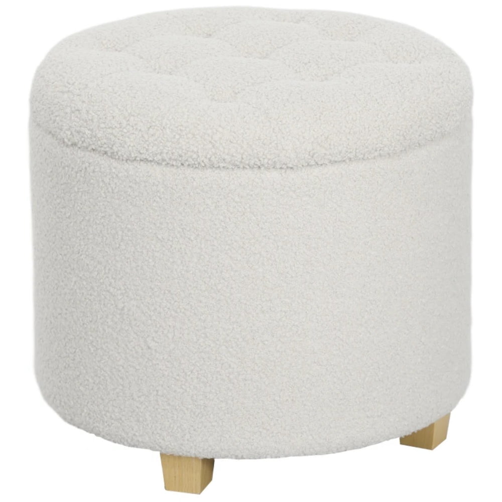 Storage Ottoman, 10.7 Gallon Teddy Fleece Ottoman with Storage, Button Tufted Footstool with Pine Wood Legs, Round Multifunctional Storage Bench for Living Room Bedroom