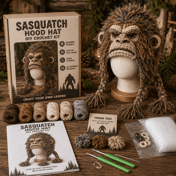 Animal Hood Hat DIY Crochet Kit | Premium Craft Yarn & Accessories Included, Easy-to-Follow Guide, Handmade Wearable Animal Character Hood Project Sasquatch Hood Hat