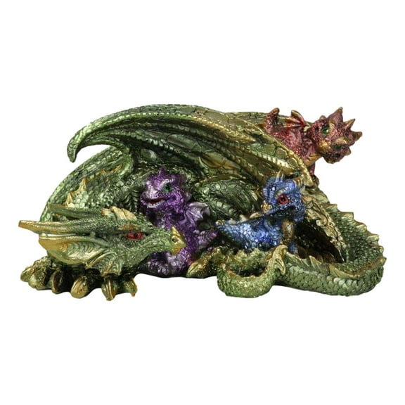 Green And Gold Dragon Mother With Hatchlings At Nap Time Family Fantasy Figurine