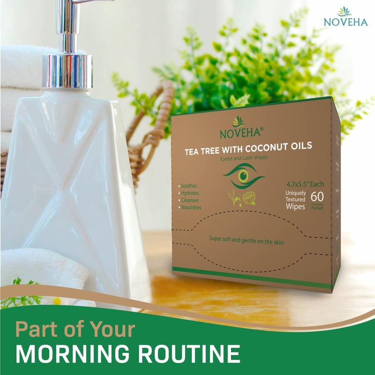 NOVEHA 60PCs Tea Tree & Coconut Oil Eyelid & Lash Wipes For Demodex,  Blepharitis & Itchy Eyes, Eyelash Wipes With Aloe Vera, Daily Eye Cleanser