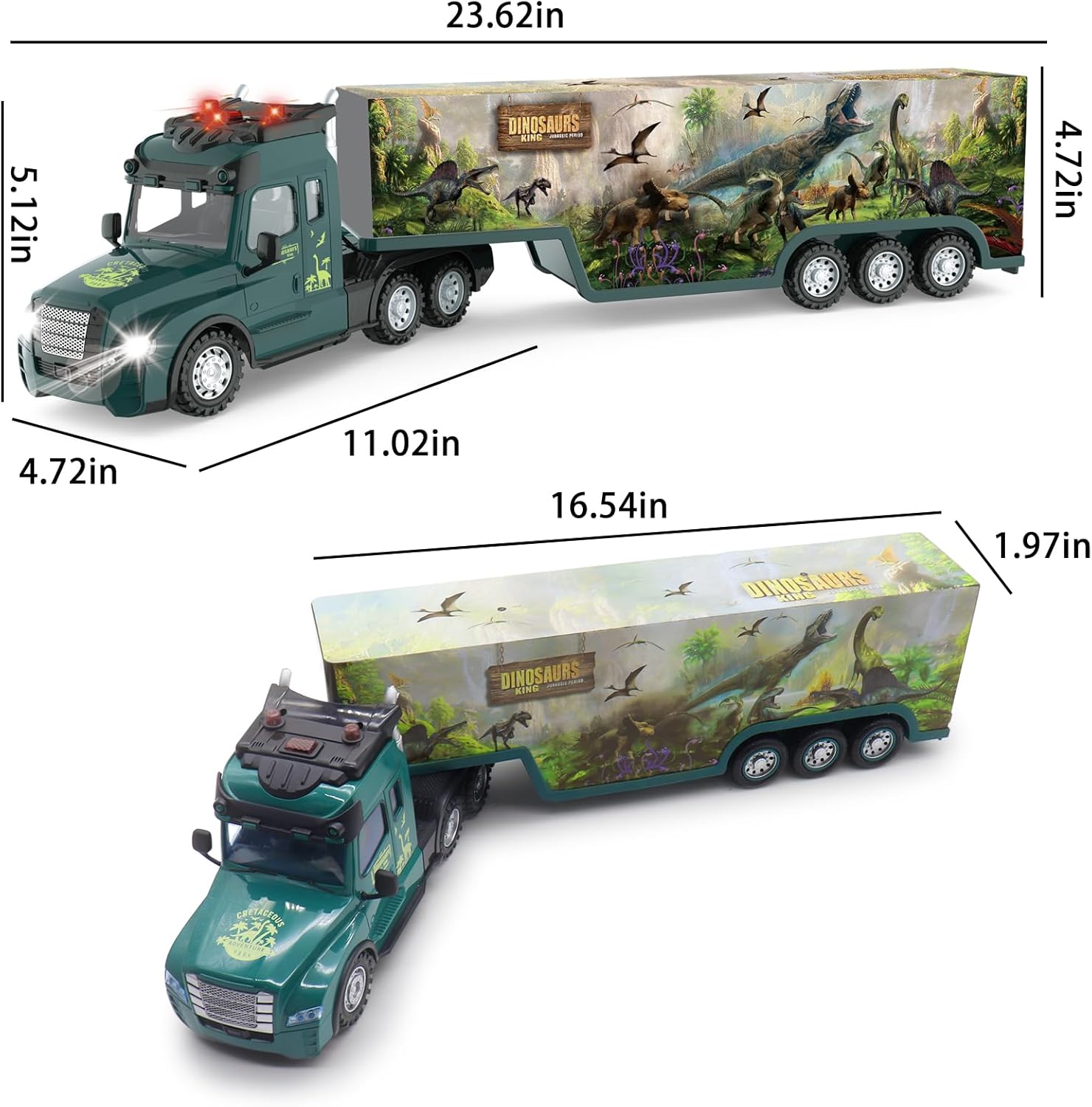 RC Semi Truck with Trailer, 2.4Ghz Dinosaur Container Truck with LED Lights & Music, Carrier Van Transport Vehicle with 2 Rechargeable Batteries Toy Gift for Kids 6+