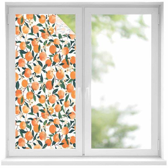 Orange Window Privacy Film, Summer Botanical Leaves Watercolor Static Cling UV Sun Blocking Heat Control Window Tint Day and Night, Non-Adhesive Reusable One Way Windows Privacy Cover 17.7''x39.3''