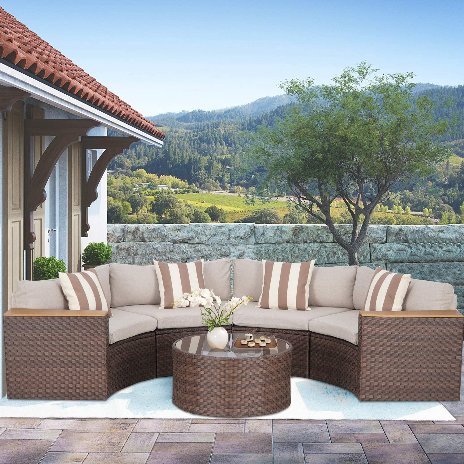 SOLAURA 5-Piece Patio Furniture Outdoor Half-Moon Sectional Sofa Set Patio Brown Wicker Conversation Set with Beige Cushions & Glass Coffee Table
