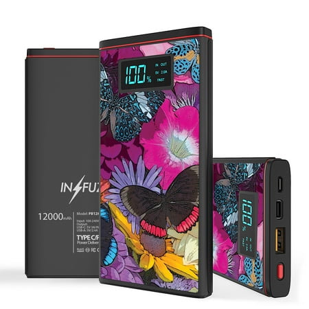 

INFUZE Portable Charger for Samsung Galaxy A32 5G Power Bank (18W Power Delivery USB-C/USB-A Ports 12000mAh Capacity USB Cables with Touch Tool) - Butterfly Violet Flowers