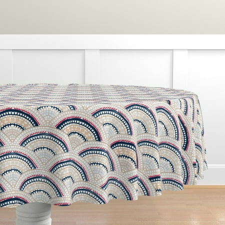 

Cotton Sateen Tablecloth 70 Round - Scallop Mosaic Japanese Inspired Sashiko Navy Fuchsia Geometric Print Custom Table Linens by Spoonflower