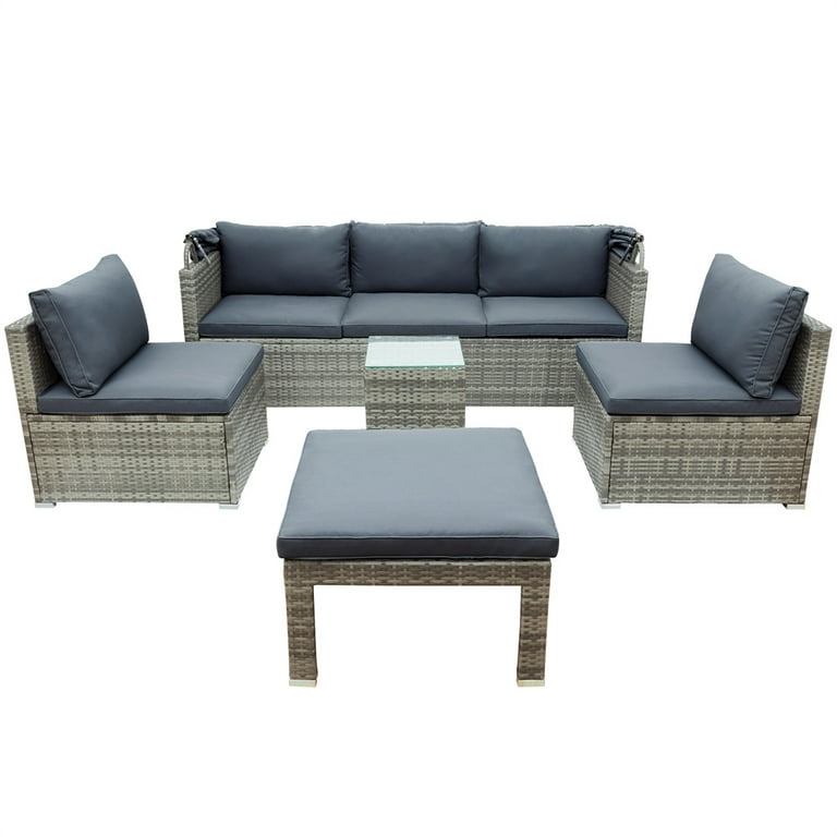 Set Gray Retractable Sofa Table, Patio Patio Resin Glass Piece Sectional with Outdoor Sofa and UV-Proof Rattan Cushions, 5 Wicker Daybed Set Pillows, Side with Canopy,