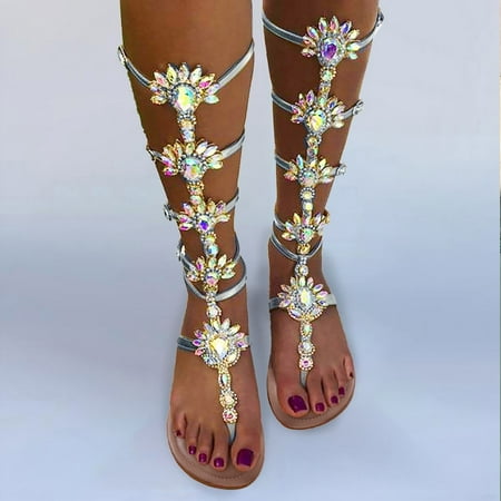 

XIAQUJ Fashion Women s Flat Bottomed Pin Toe Rhinestone Buckle Roman Sandals Sandals for Women Silver 6.5(37)