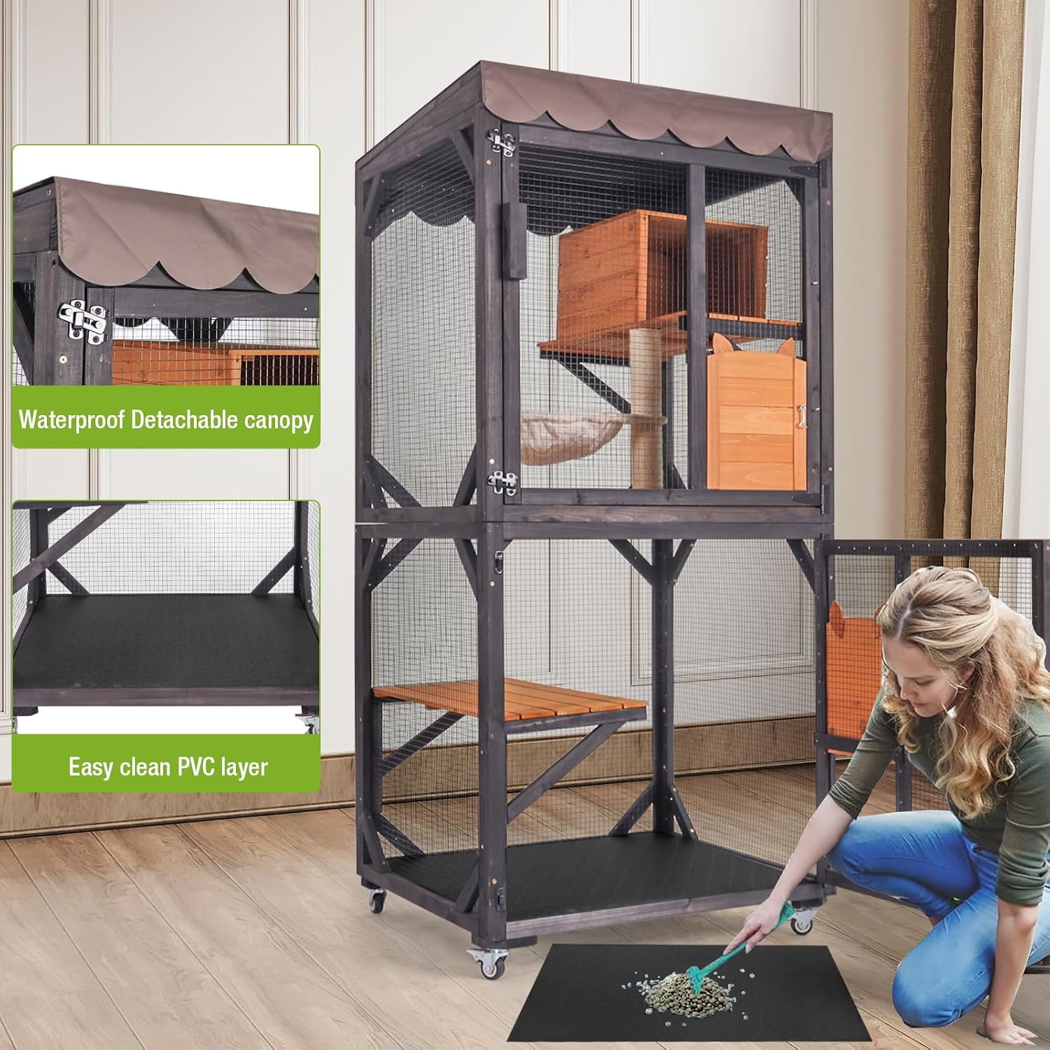 MEDEHOO Catio Outdoor Cat Enclosure Mobile Cat House Indoor On Wheels with Scratch Post,Hammock,Resting Box,Platform,Tarp Roof 71.9"