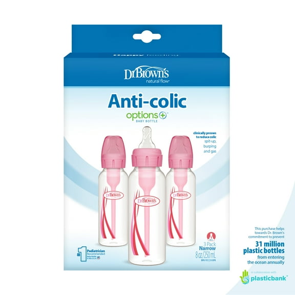 Dr. Brown’s Natural Flow Anti-Colic Options Narrow Baby Bottle, Pink, 8oz, Slow Flow, 0m , 3 Pack