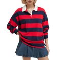 thumbnail image 2 of HAOTAGS Women Sweater,Striped Print Turn-Down Collar Long Sleeve Casual Pullover Red M, 2 of 8