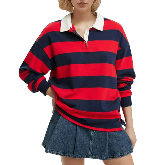 Oplxuo Womens Color Block Casual Collared Sweatshirt Long Sleeve Loose Drop Shoulder Pullover Tops Fall Preppy T-shirts