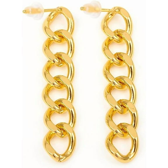 2Pcs Brass Curb Chain Chain Dangle Stud Earrings with Ear Nuts Real 18K Gold Plated 39mm Pin: 0.7mm Long-Lasting Plating Jewelry for Women Golden