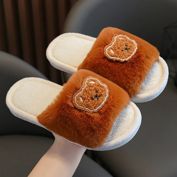 CHUOU Winter Children's Cotton Shoes Boys And Girls Indoor Leisure Cartoon Cute Bear Non Comfortable Thick Bottom Plush Slippers