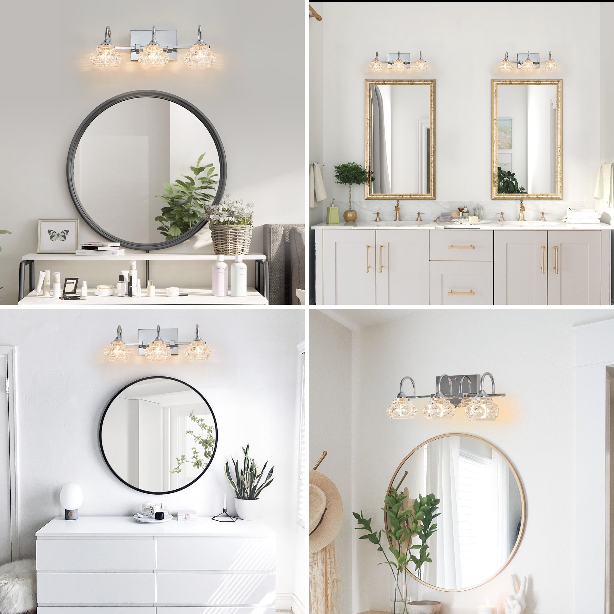 17" Nickel Finish Vintage Crystal Vanity Light - Elegant 3-Light Bathroom Mirror Fixture with Clear Glass Shades (No Bulbs)